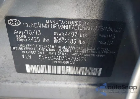 2013 Hyundai Sonata Se 2.0T z USA, uszkodzony, nr VIN 5NPEC4AB3DH793176